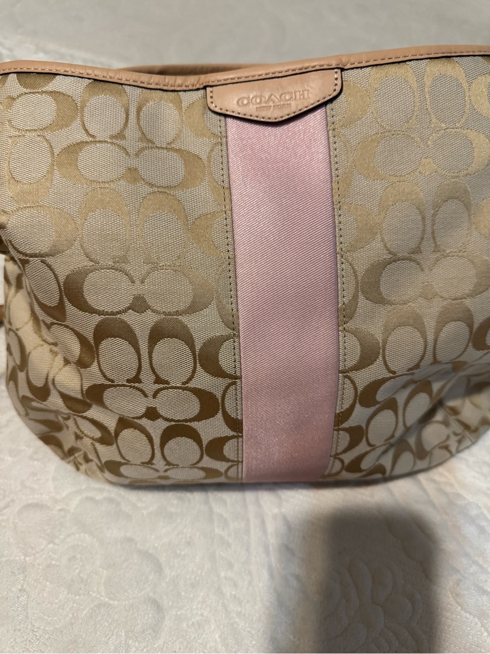 Vintage Coach Signature Canvas Purse in Beige with Pink Stripe